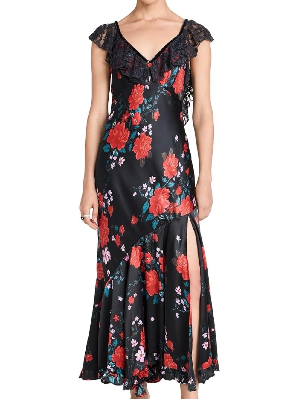 Free People Warm Hearts Black Floral Slip Midi Dress with Red Rose Print